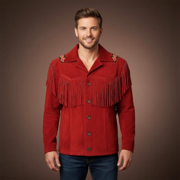 Red Suede Western Cowboy Jacket for Men with Fringe and Beaded Detailing