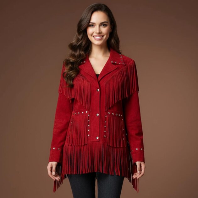 Women’s Red Suede Leather Western Jacket with Fringes