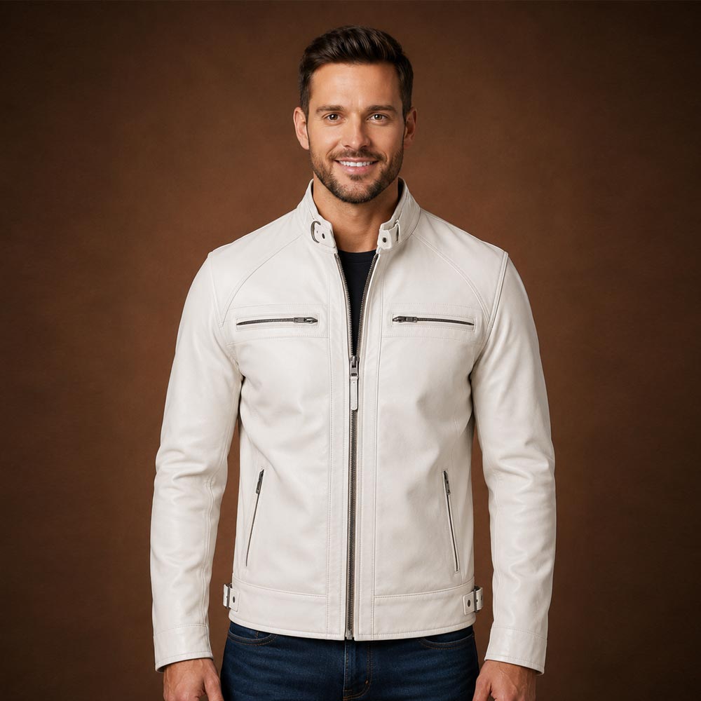Mens Classic Cafe Racer Biker Quilted Leather Jacket