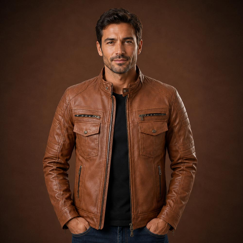 Mens Biker Brown Leather Jacket