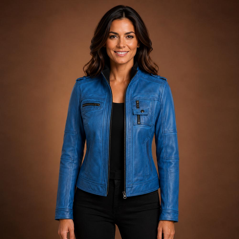 Women’s Blue Waxed Lambskin Leather Biker Jacket