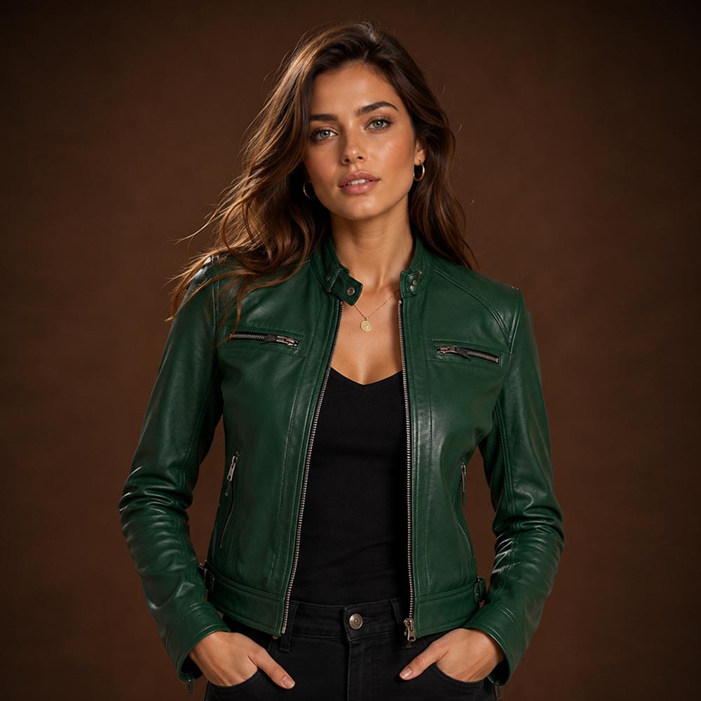 Women Green Biker Leather Jacket