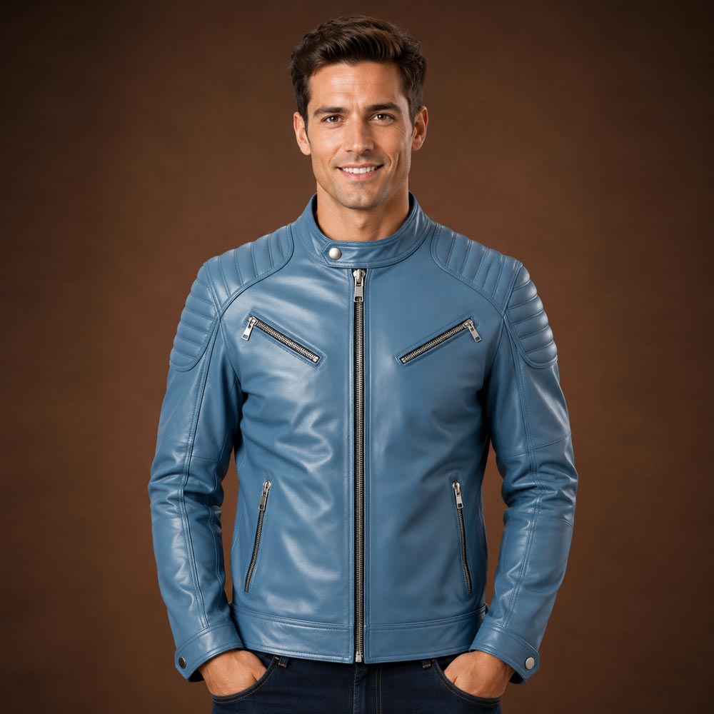Men’s Blue Cafe Racer Leather Jacket