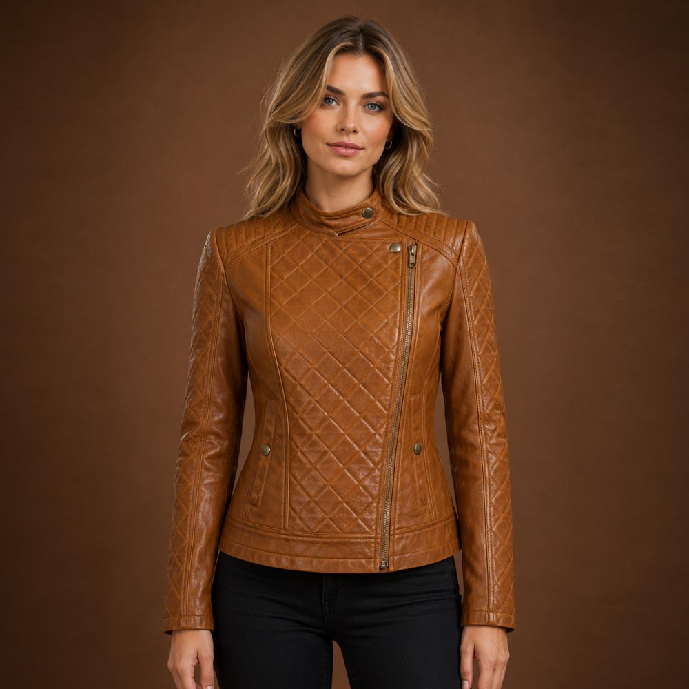 Women Slim Fit Brown Quilted Leather Jacket