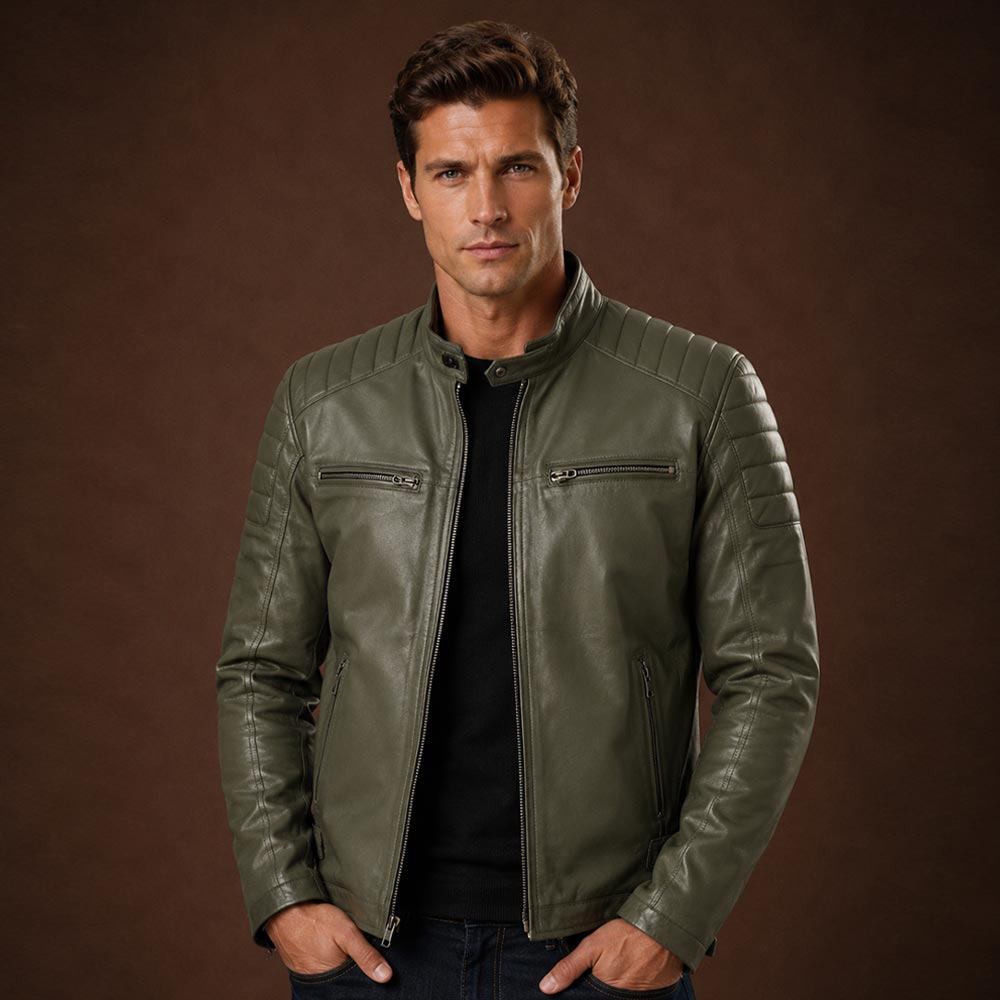 Mens Olive Green Biker Style Leather Jacket