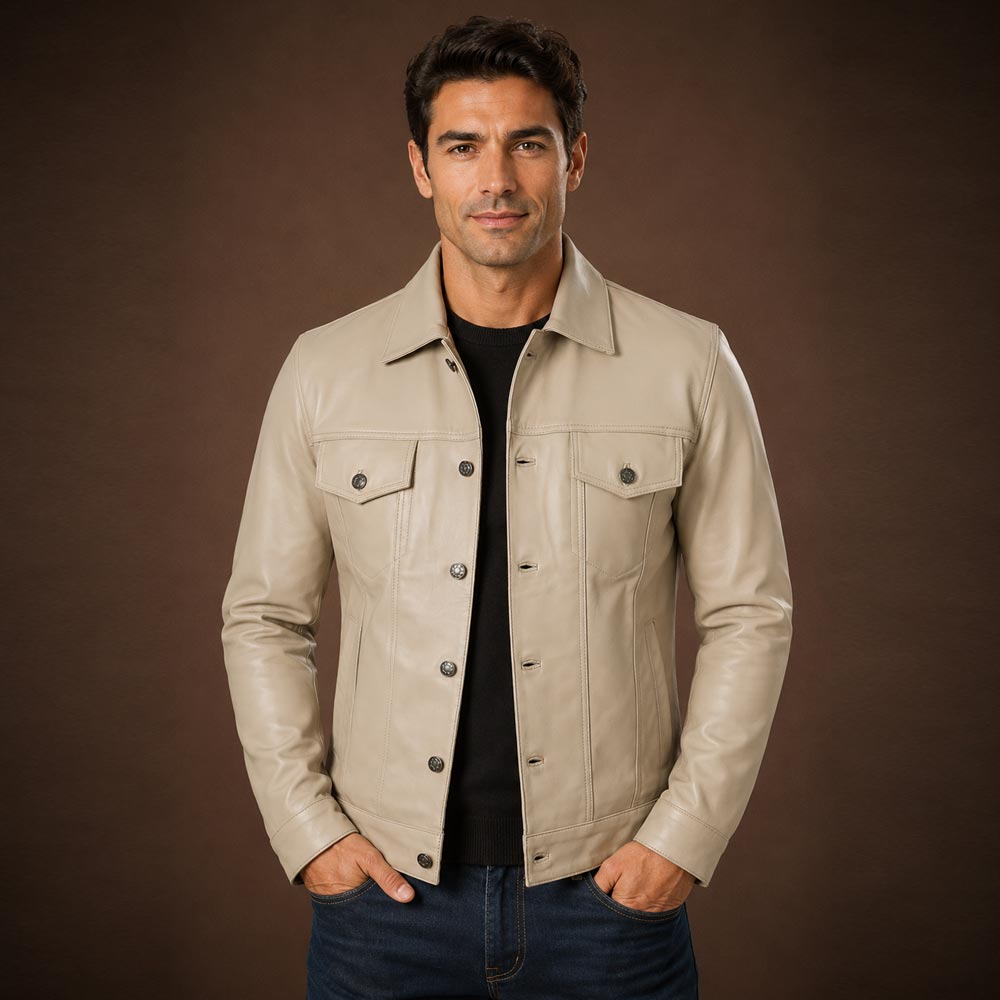 Men’s Real Lambskin Leather Beige Trucker Jacket