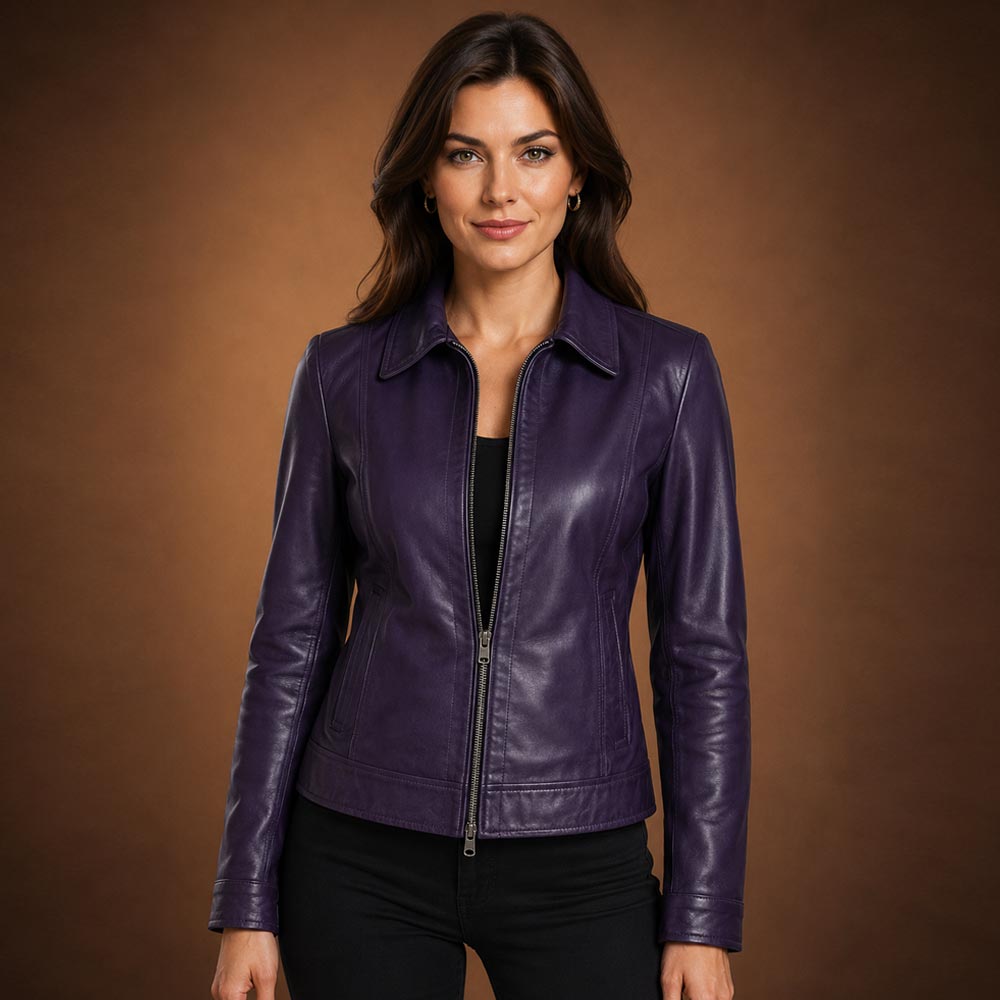 Womens Shirt Collar Purple Leather Jacket