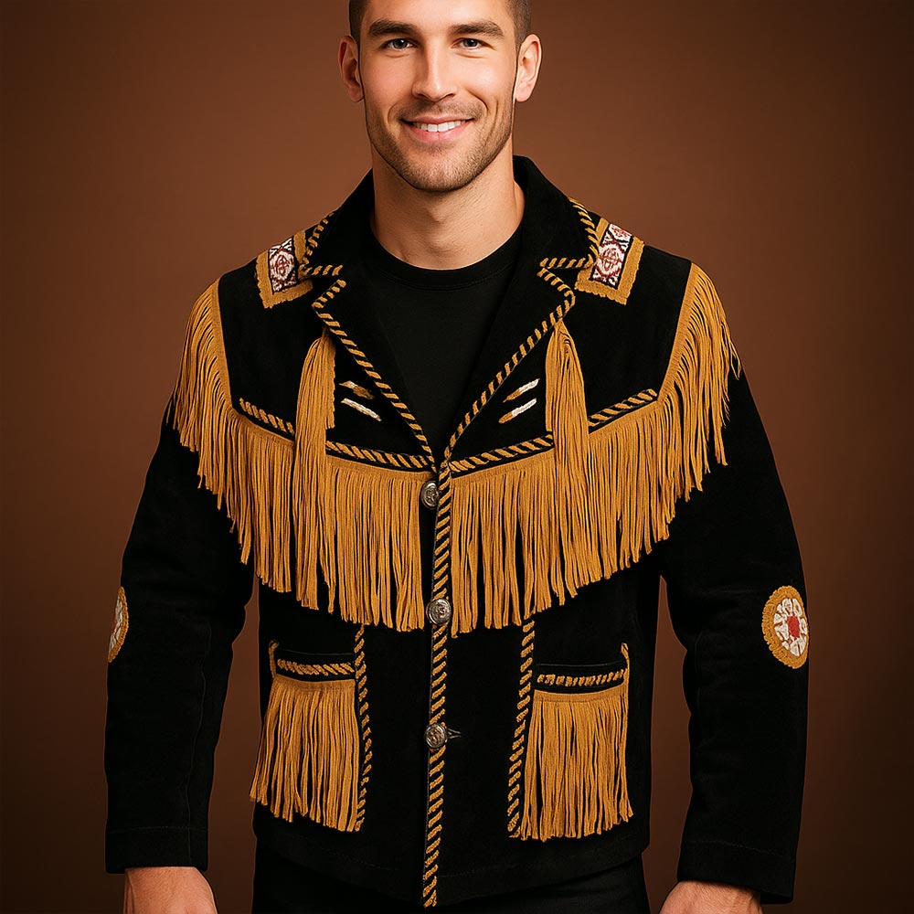 Western Style Men’s Suede Leather Coat Cowboy Fringe Jacket