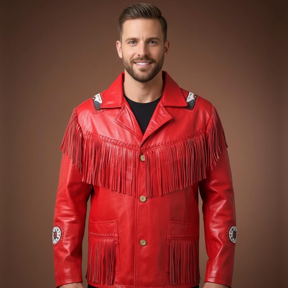 Men’s Leather Jacket with Beaded Fringe Design