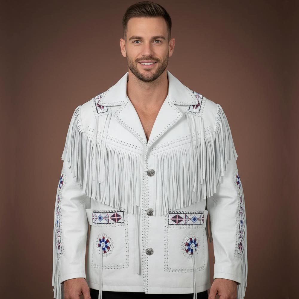 Men’s Suede Leather Western Cowboy Jacket with Fringe And Beads