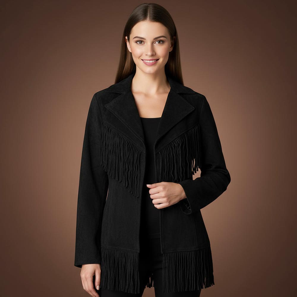 Women’s Black Suede Western Jacket with Fringe