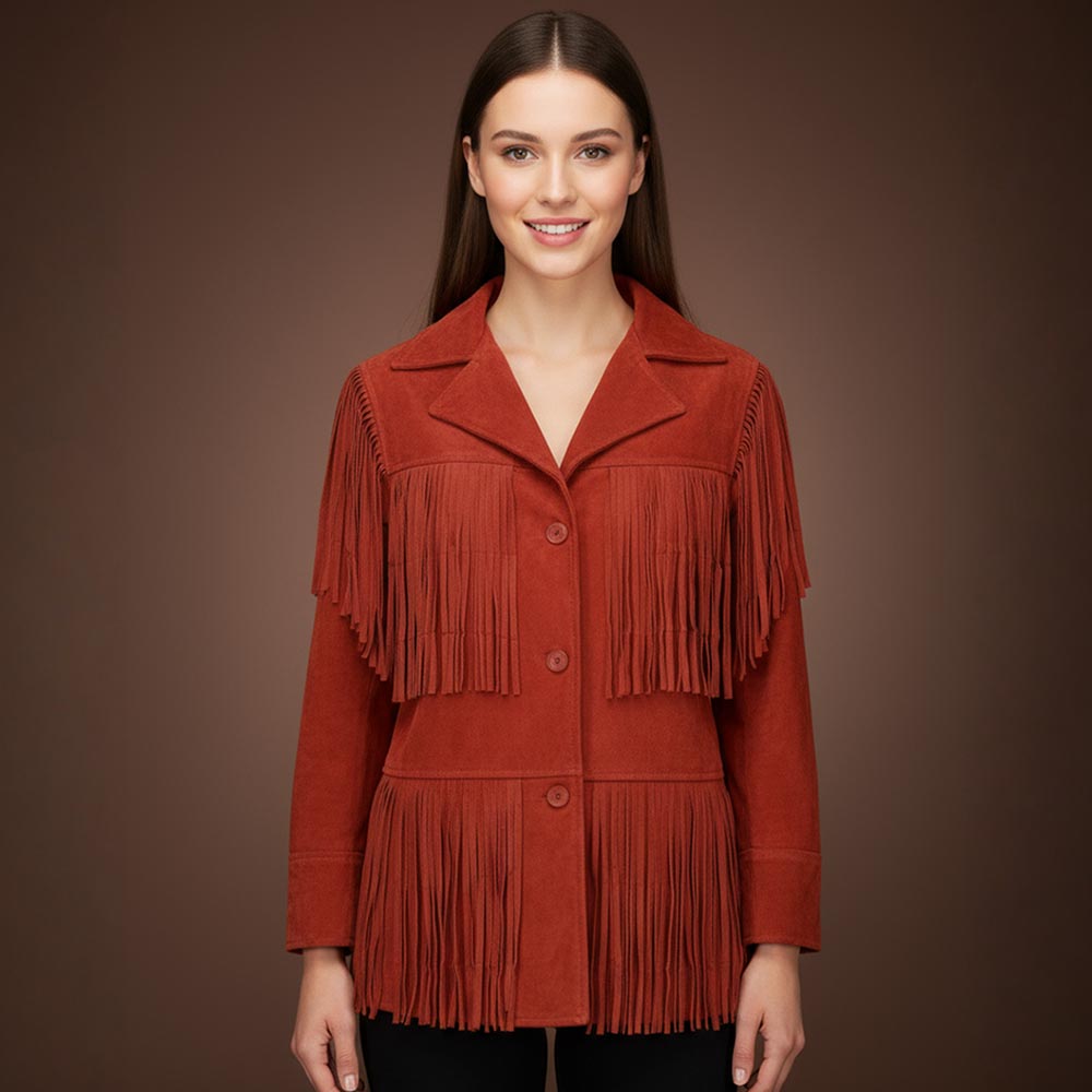 Real Cow Suede Women’s Jacket Western Orange